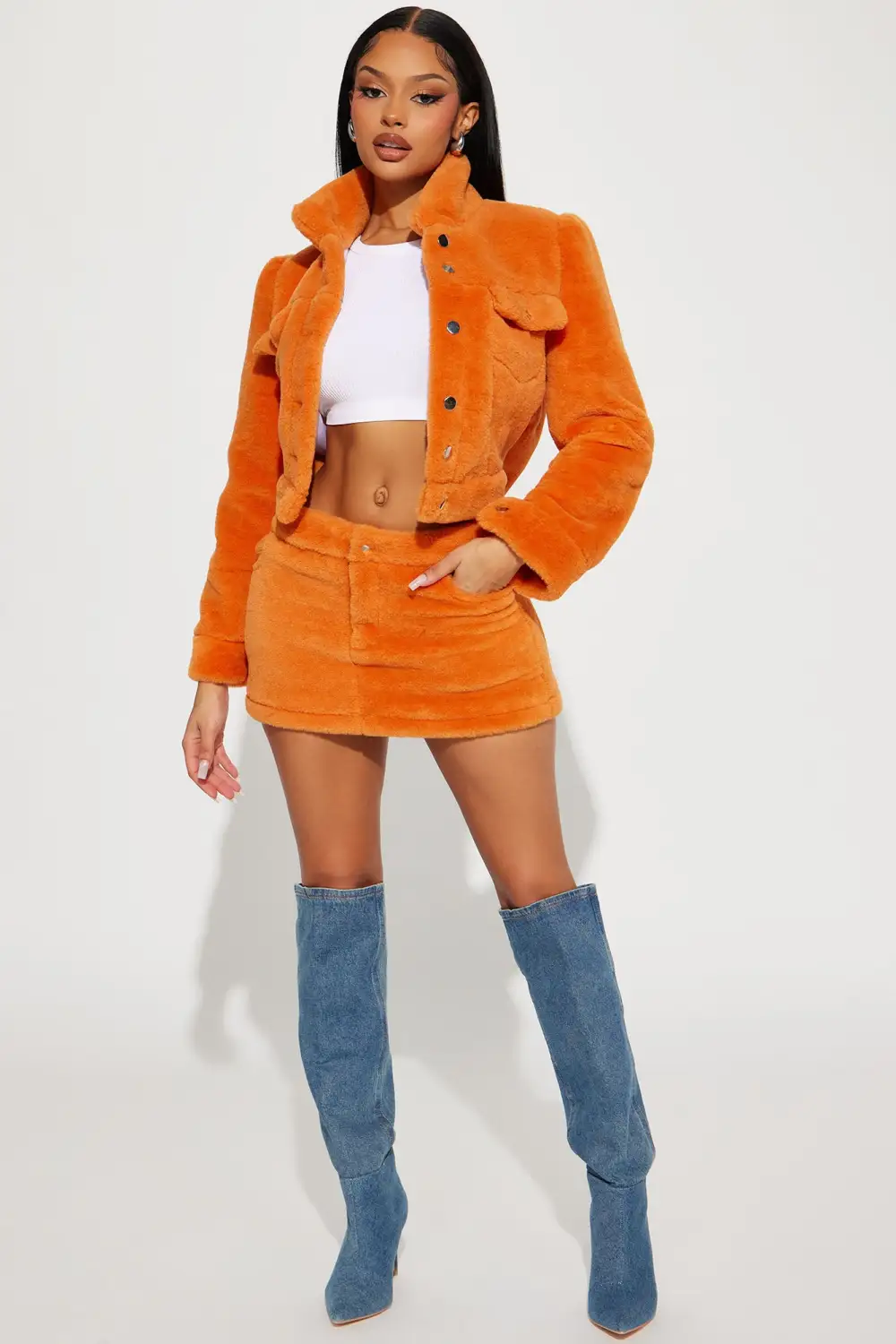 Golden Hour Faux Fur Skirt Set - Orange