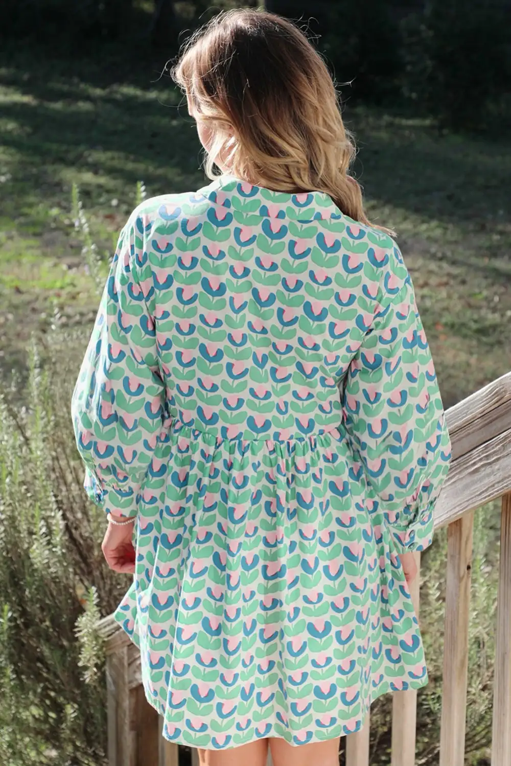 Notched Neck Scalloped Detail Long Sleeve Mini Dress