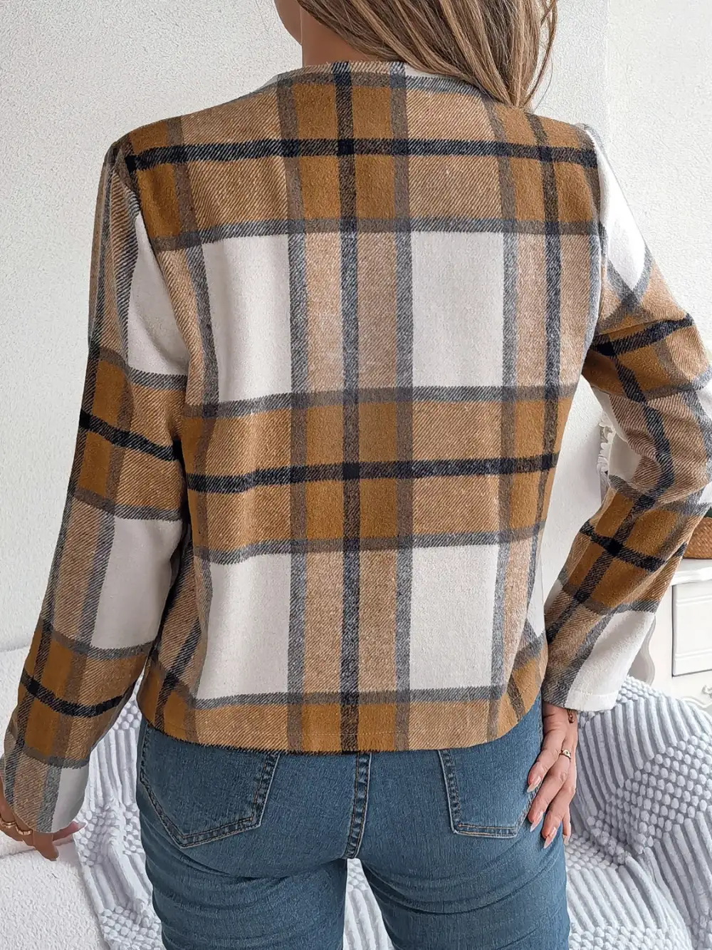 Plaid Open-front Long-sleeve Jacket