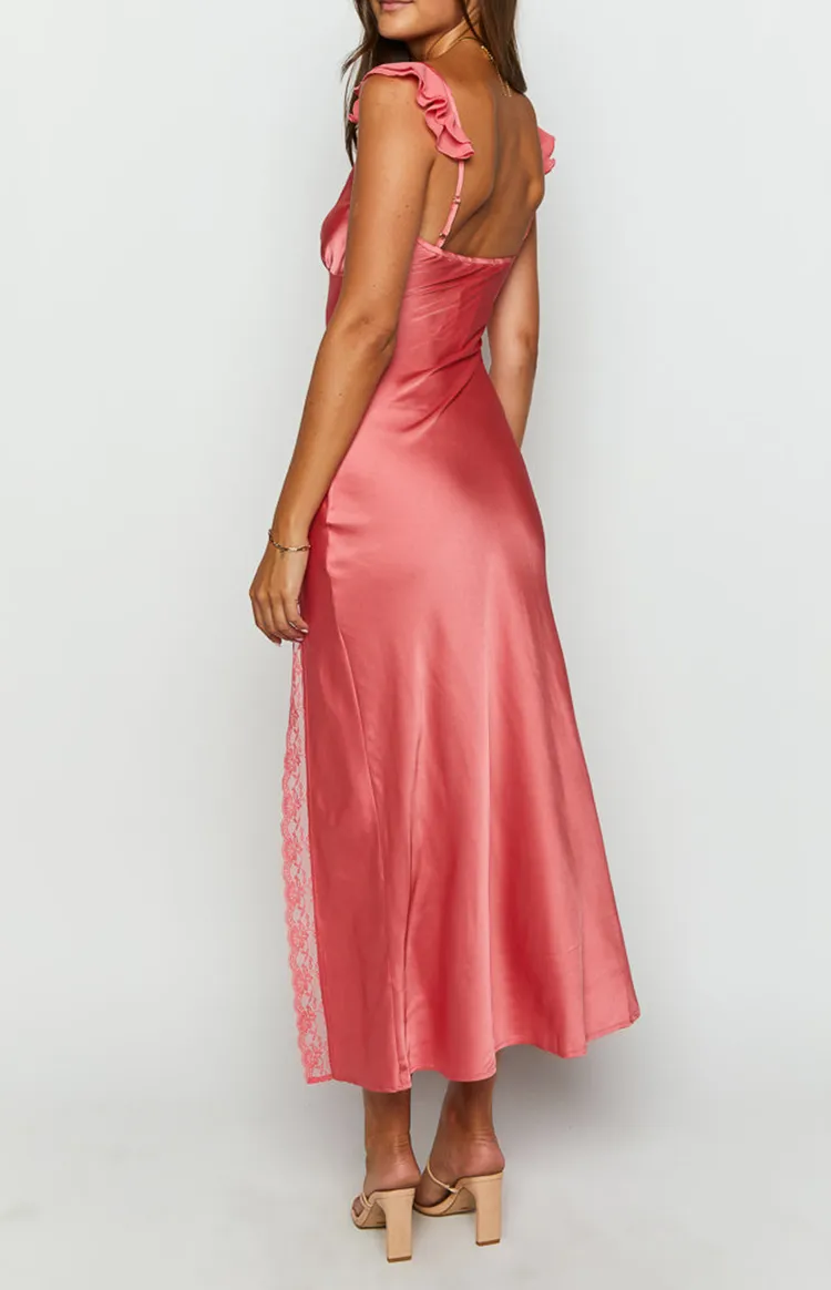 Coral Satin Slit Maxi Dress