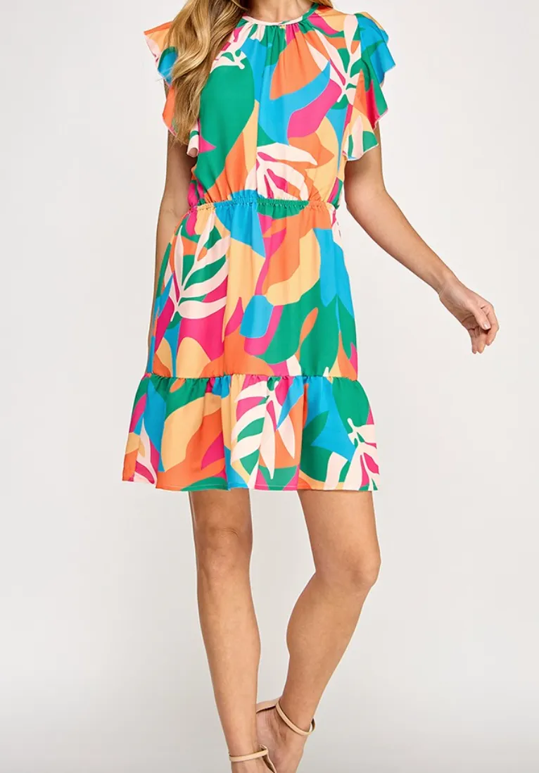 Tropical Print Ruffle Dress