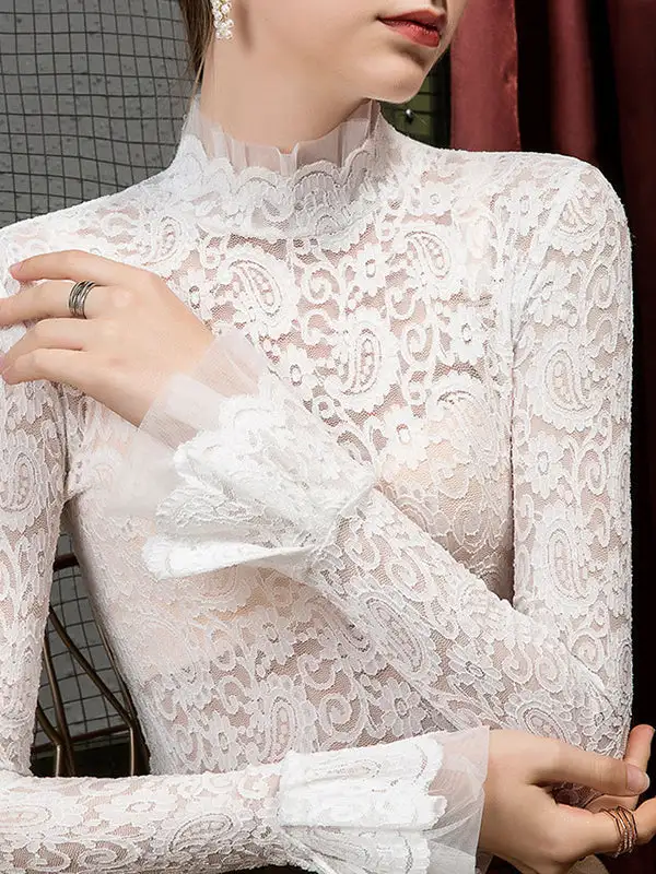 Flared Sleeve Long Sleeve Sheer Panel Detail Mock Neck T-Shirt