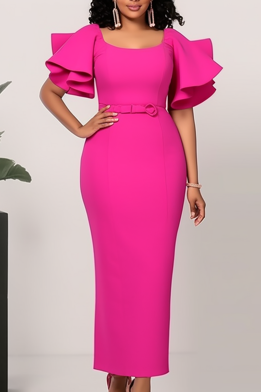 Plus Size Hot Pink Formal Ruffled Puff Sleeve Bodycon Midi Dresses [New]