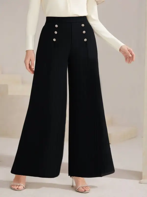 High Waist Wide Leg Button Decor Pants