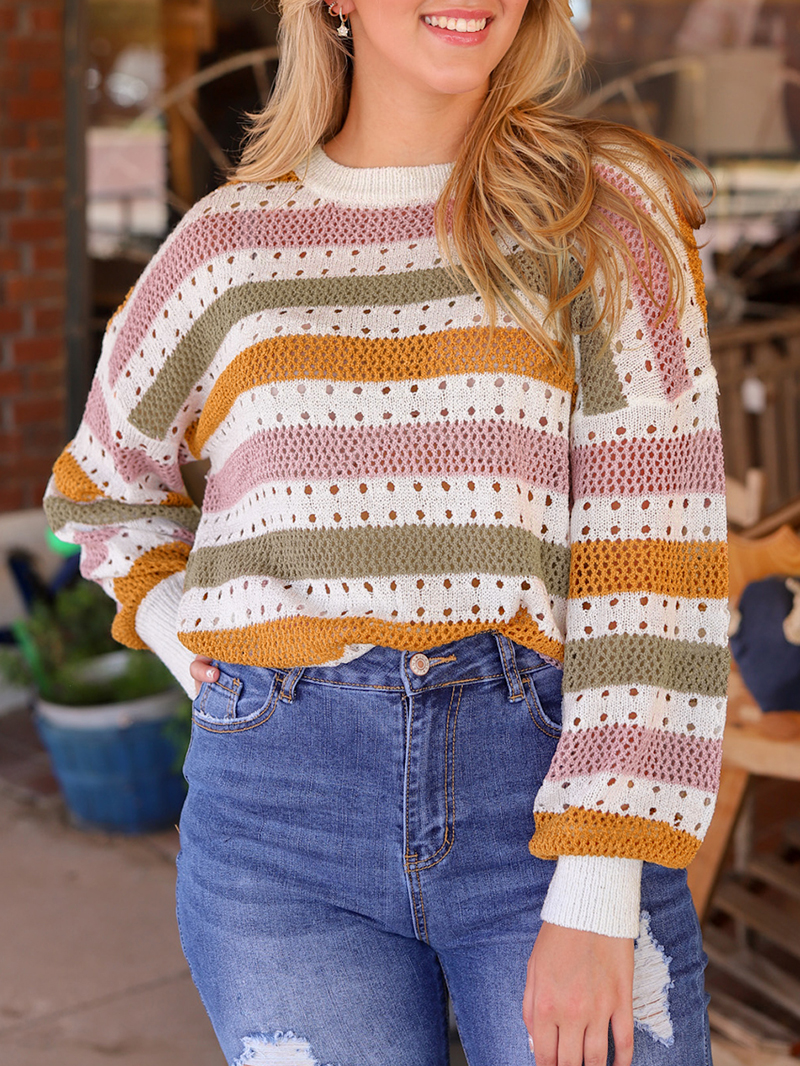 Multicolor Striped Hollowed Knitted Loose Sweater