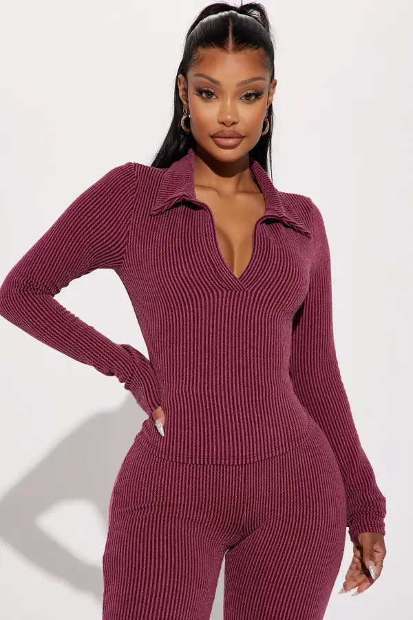 Josie Ribbed Long Sleeve Set - Burgundy