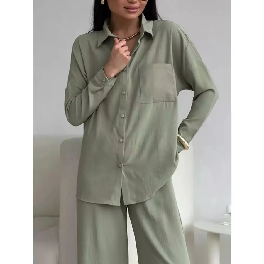 Button Up Long Sleeve Shirt and Pants Set