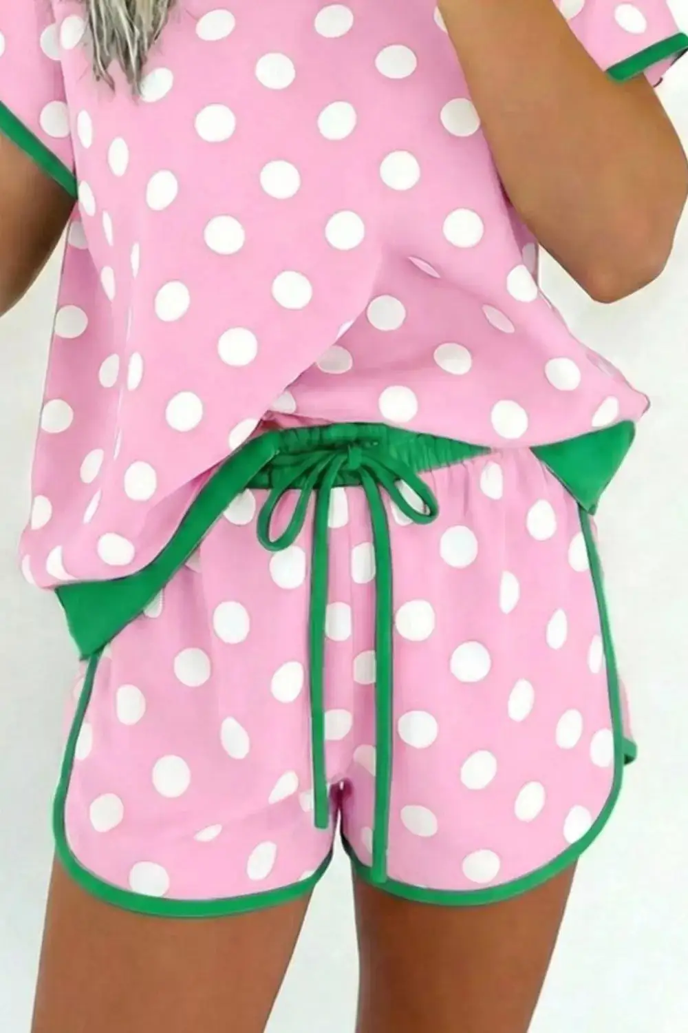 Polka Dot Contrast Trim Top Drawstring Shorts Set