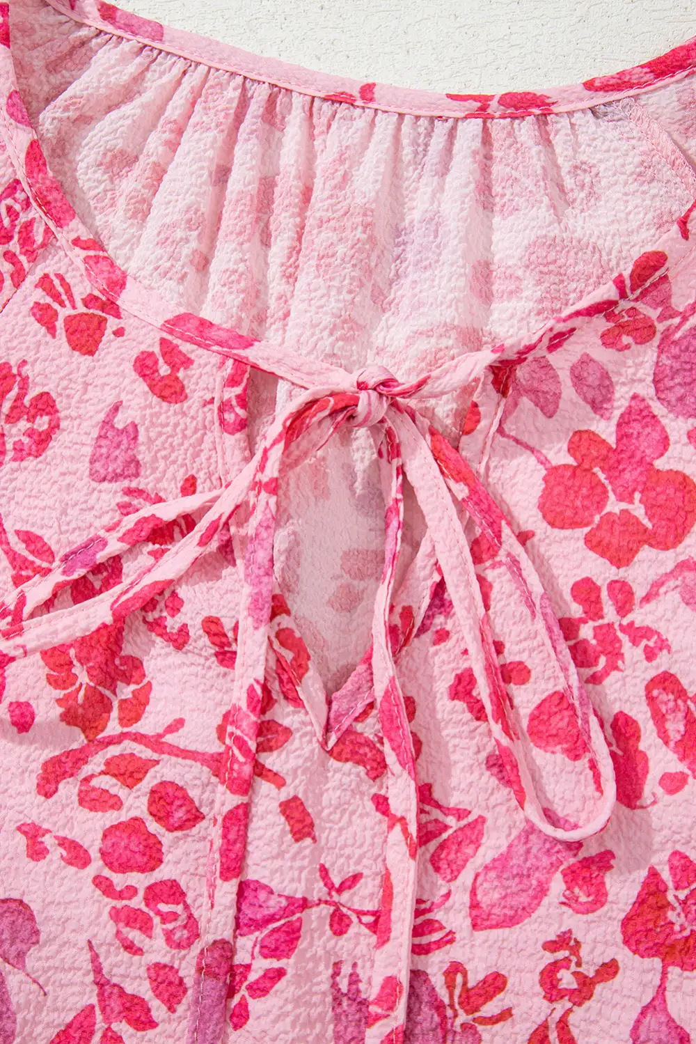 Pink Floral Puff Sleeve Split Neck Lightweight Blouse