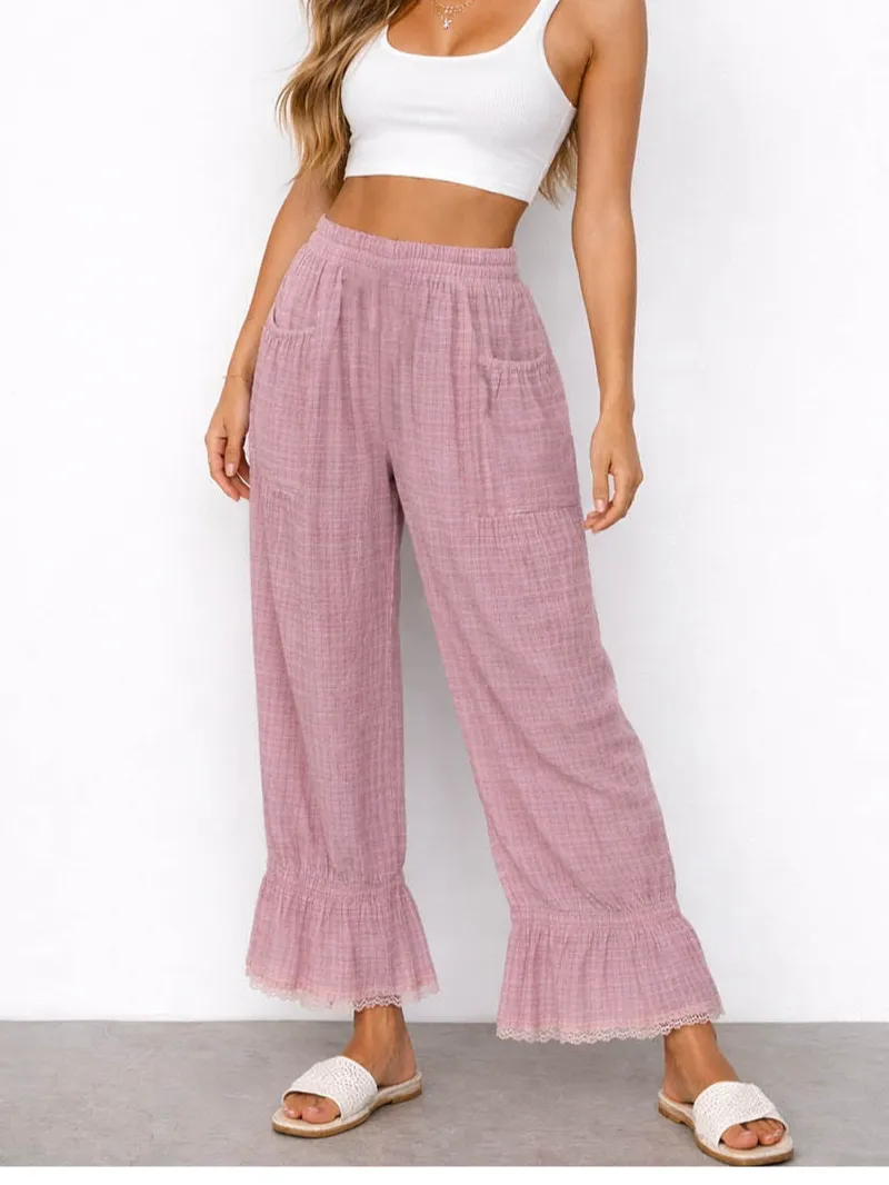 Elastic Waist Lace Hem Pocket Lantern Pants