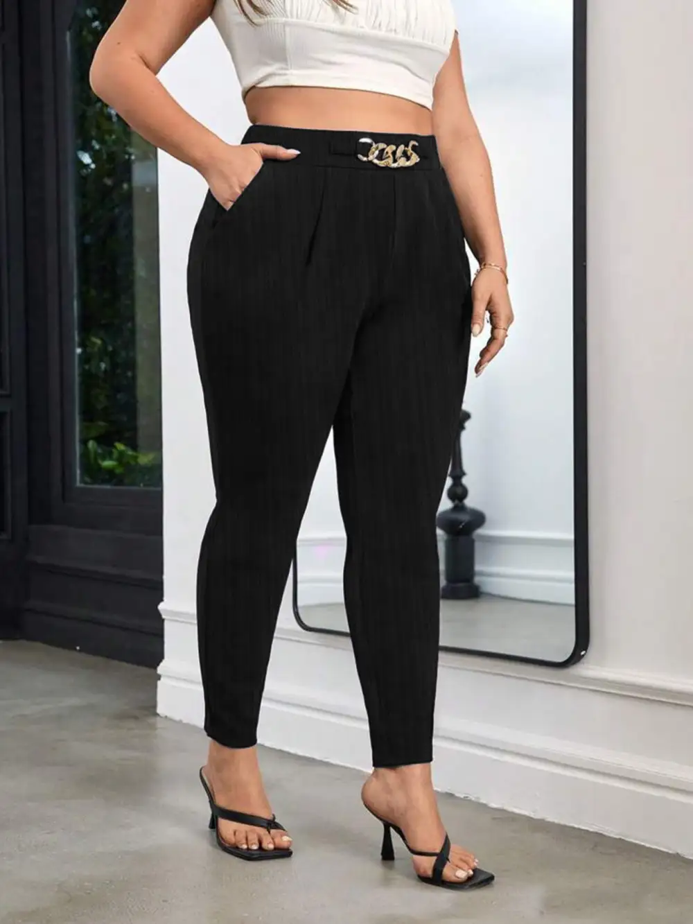 Elegant Chain Decor High Waist Skinny Pants