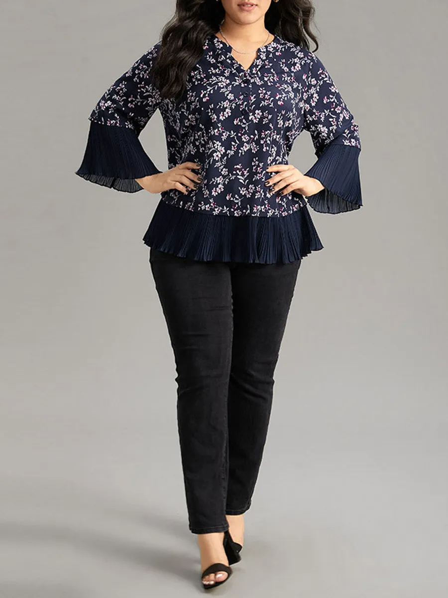 V-neck chiffon floral print elegant shirt