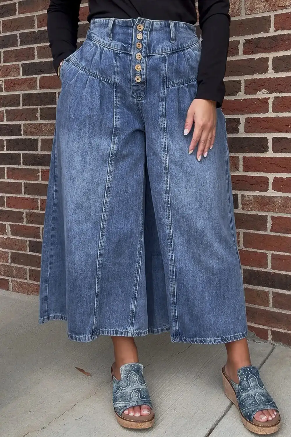 High Rise Buttons Pleated Cropped Wide Leg Denim Pants