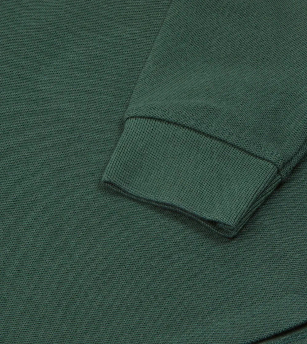 Green Pique Cotton Long-Sleeve Polo Shirt Plain