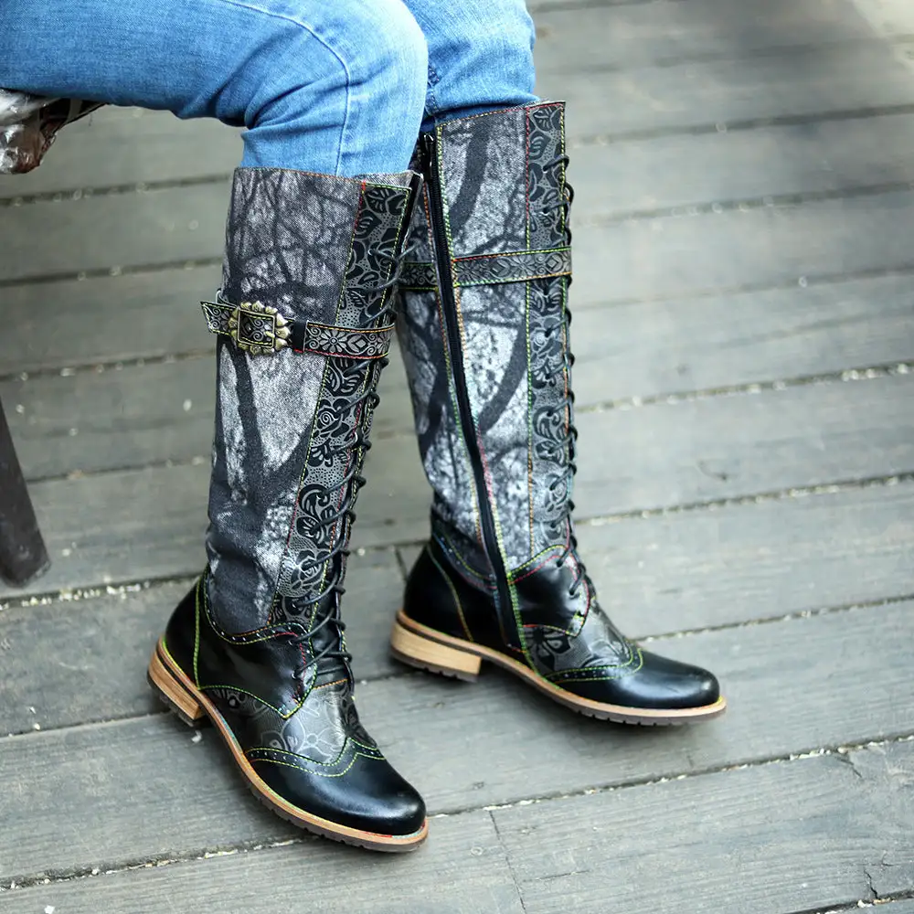Vintage Brush Off Leather Knee-High Boots Low-Heel Lace-Up Motorcycle Boots