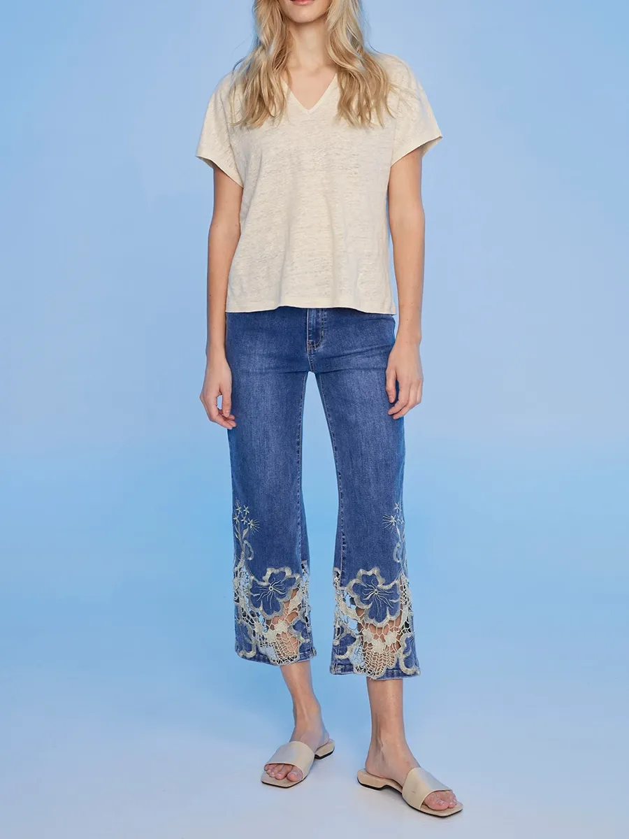 Linen Blend Soft V-Neck Short Sleeves
