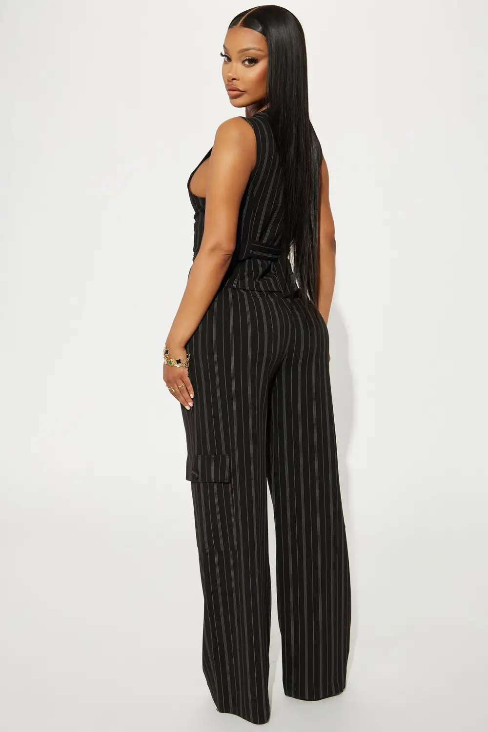 Heidy Pinstripe Vest Pant Set - Black