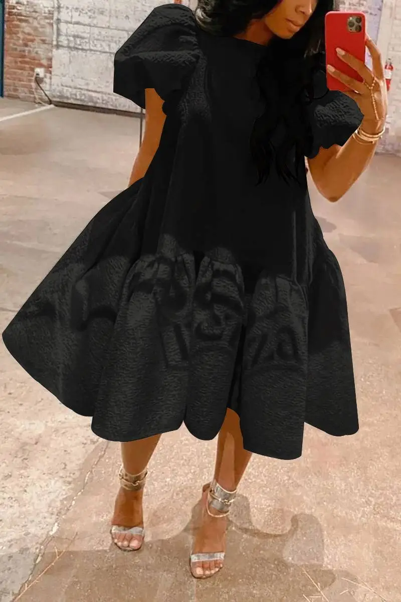 Women‘S Plus Size Magenta Daily Puff Sleeve Round-Neck Ruffle Midi Dresses