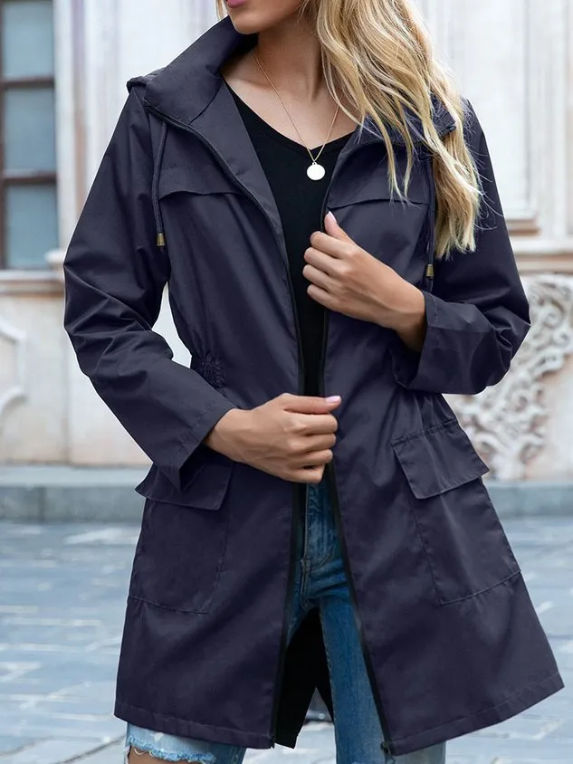 Hoodie Long Sleeve Plain Regular Loose Hooded Trench Coat For Women