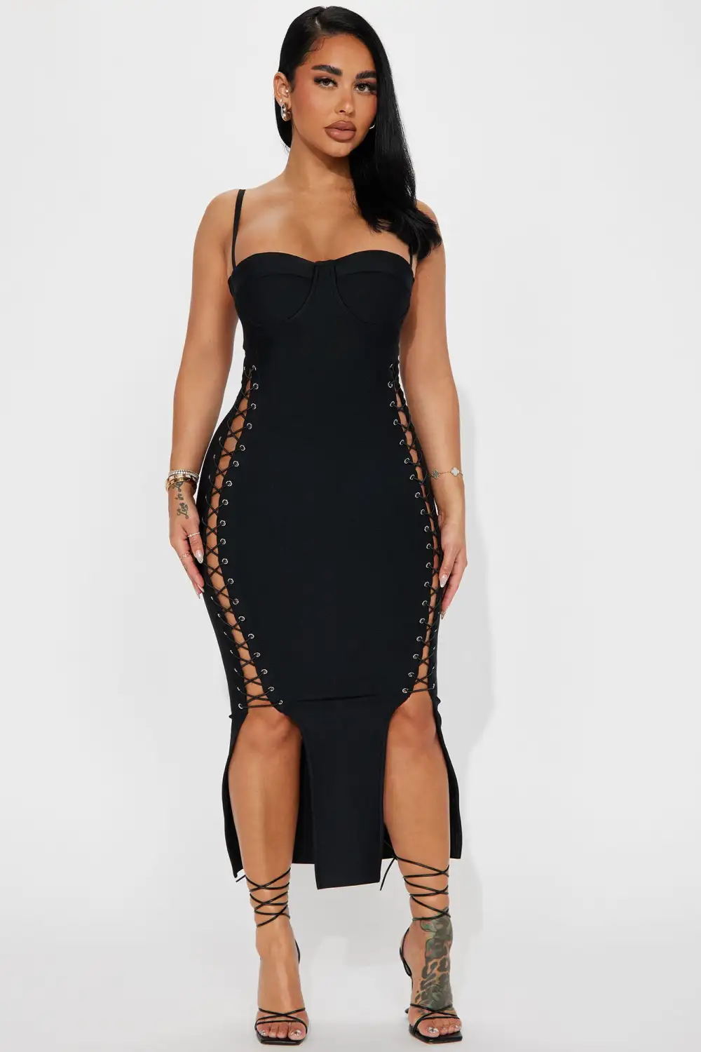 Lace Up Bandage Midi Dress - Black
