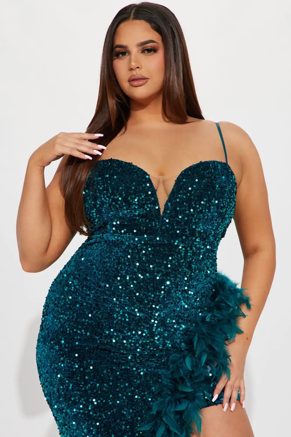 Vegas Vibes Sequin Feather Maxi Dress - Emerald