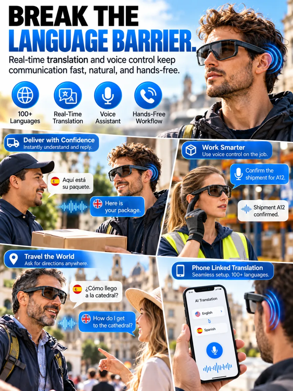 AI Smart Translation Bluetooth Sports Windproof Glasses with Photochromic Lenses, Hands-Free Calling, AI Translation, UV400 Protection, Lightweight, Voice Assistant for Cycling and Warehouse Work