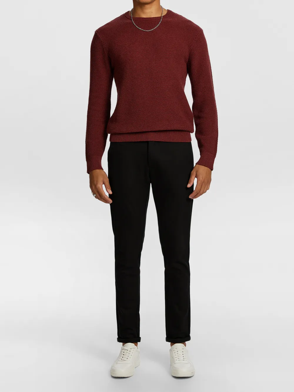 Burgundy Ribbed Crew Neck Knit Sweater