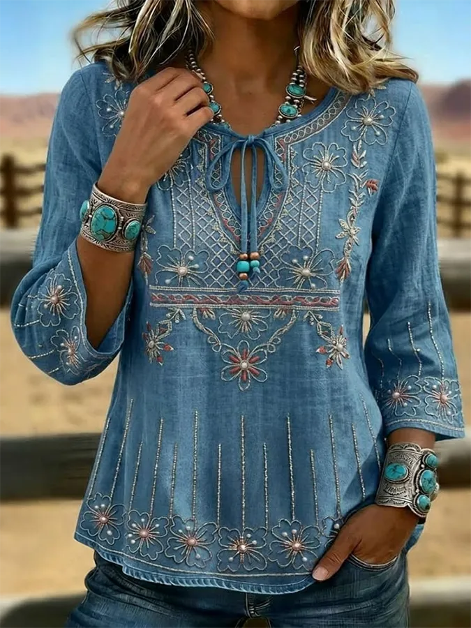 Women's Vintage Western Floral Print Slim Fit Top
