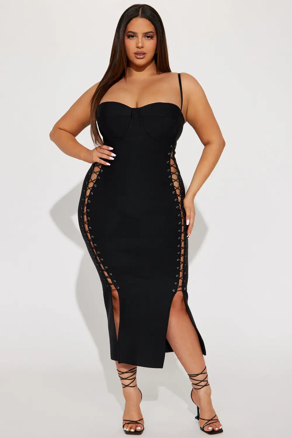Lace Up Bandage Midi Dress - Black