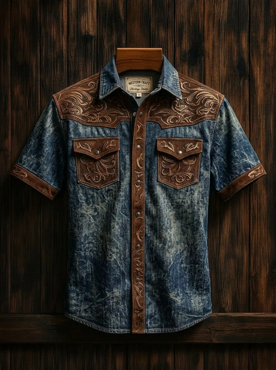 Men's Western Cowboy Floral Leather Trim Printed Shirt