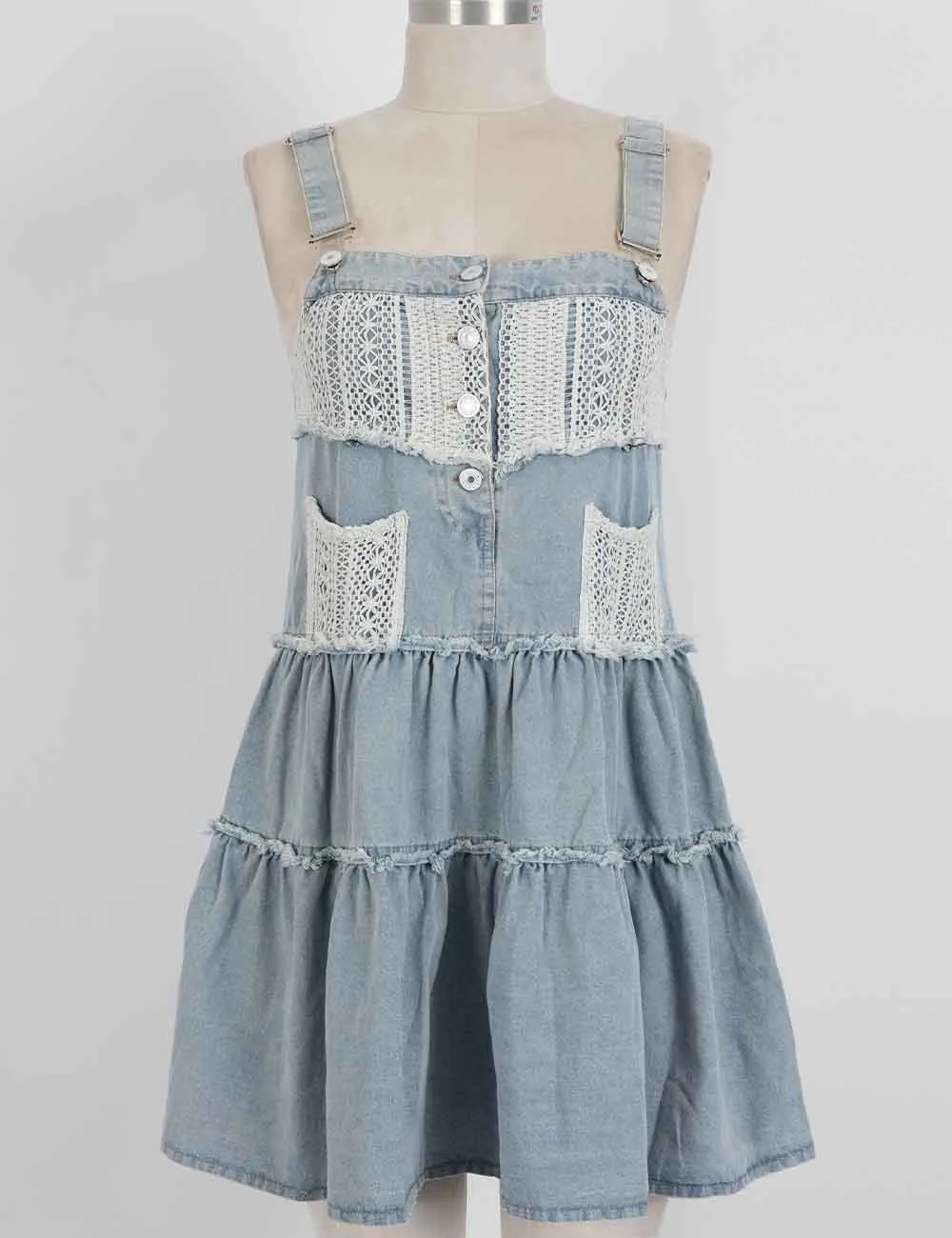 Lace Panel Two Strap Pocket Sleeveless Denim Dress