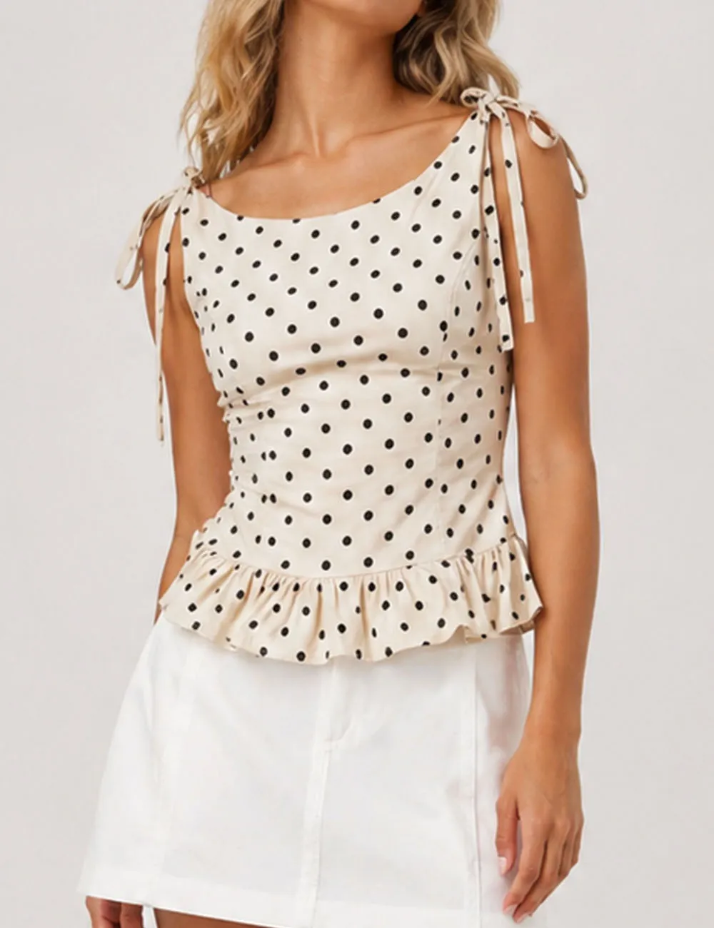 Polka Dot Shoulder Sleeveless Ruffle Sleeveless Top