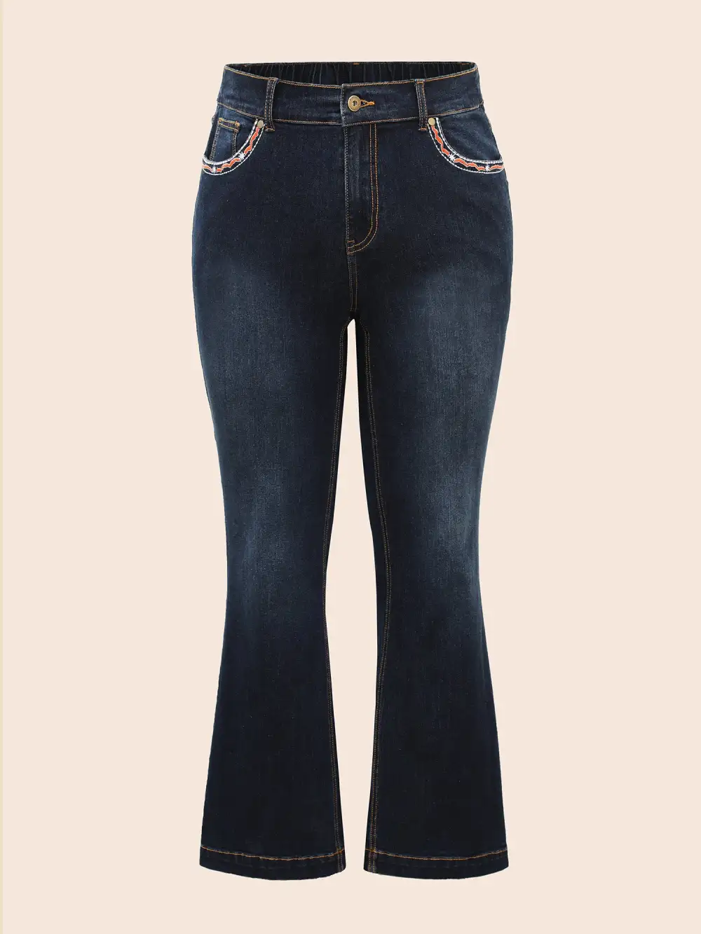 Stretch Denim Front Embroided Pockets Flare Jeans