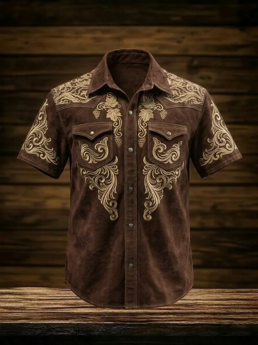Men's Western Style Floral Embroidery Printed Shirt-2