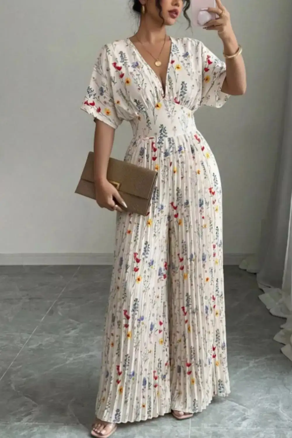 Pleated Floral Wide Leg Jumpsuit