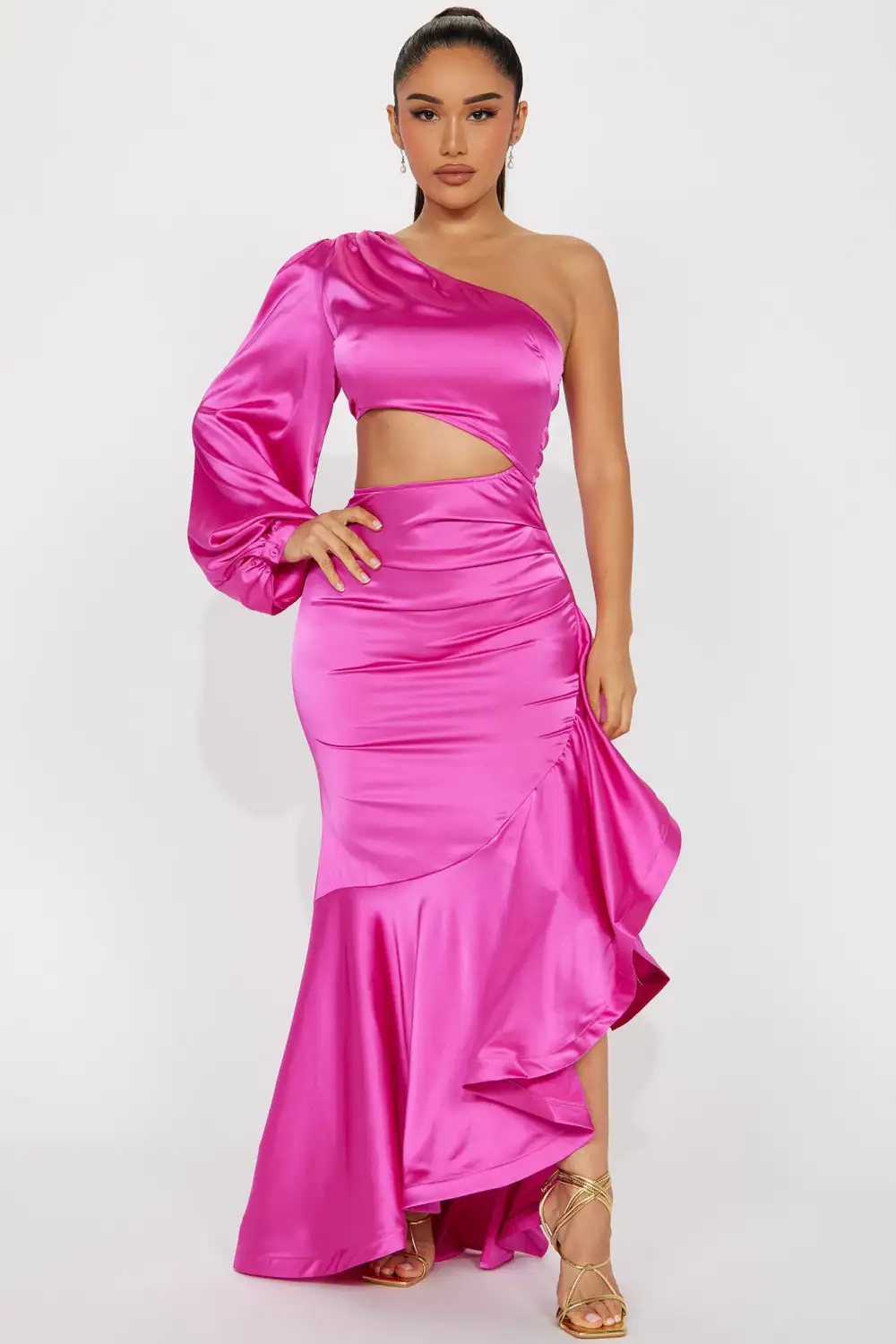 Genesis Ruffle Satin Maxi Dress - Fuchsia