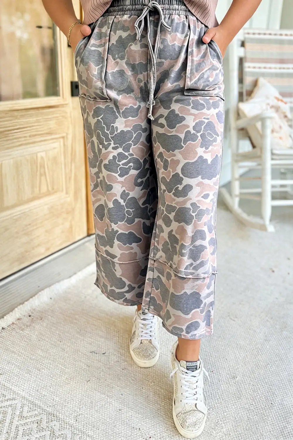 Camouflage Print Patch Pockets Ankle Length Plus Size Pants