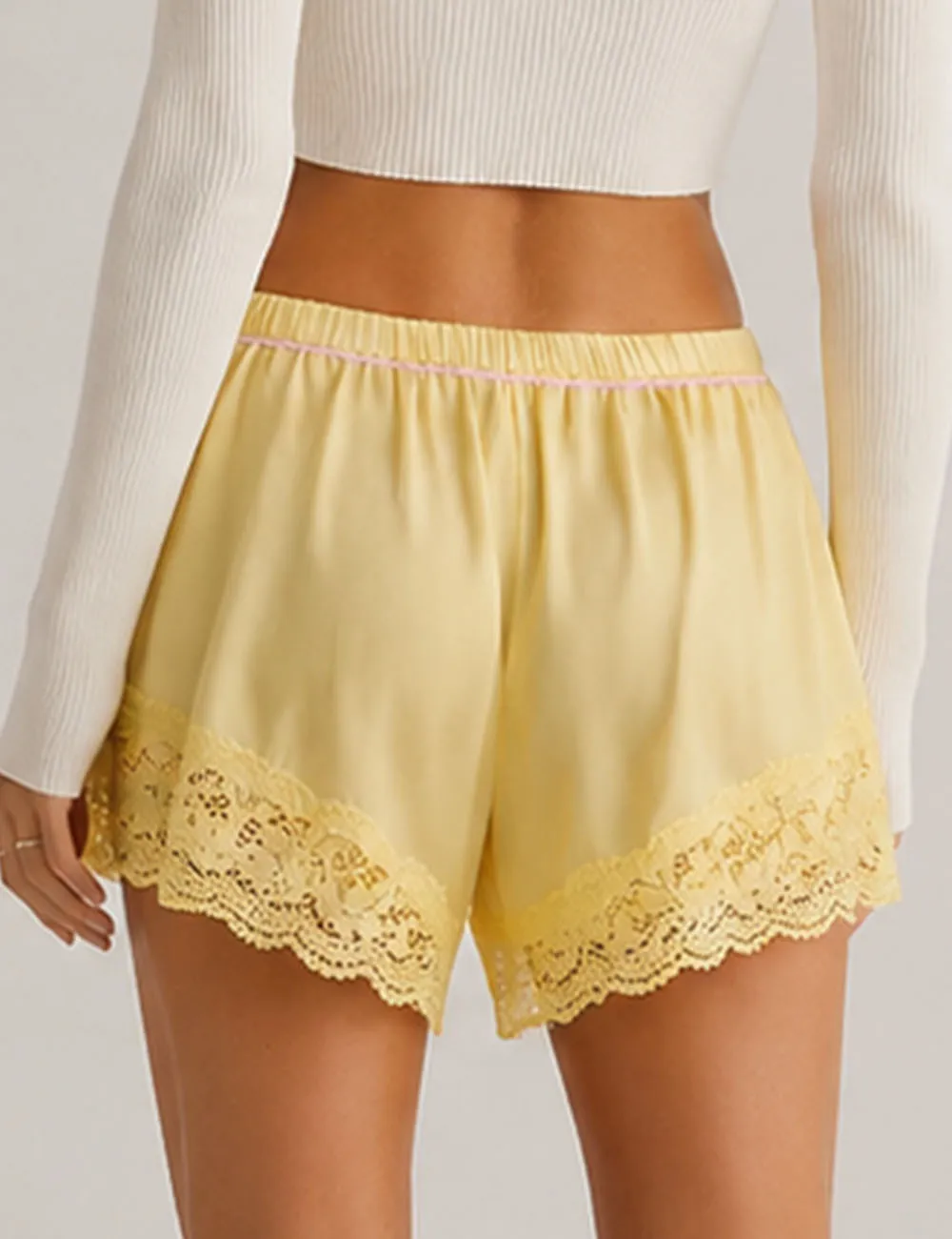 Satin Lace Trim Elastic Waist Slip Shorts