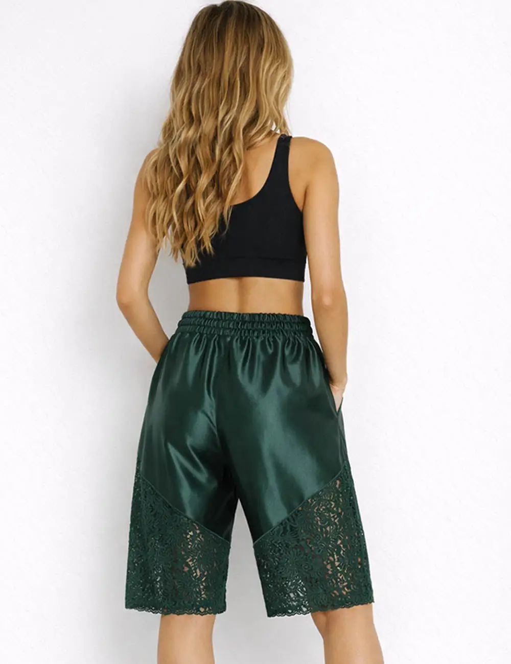 Boho Lace Panel Drawstring Waist Wide Leg Shorts