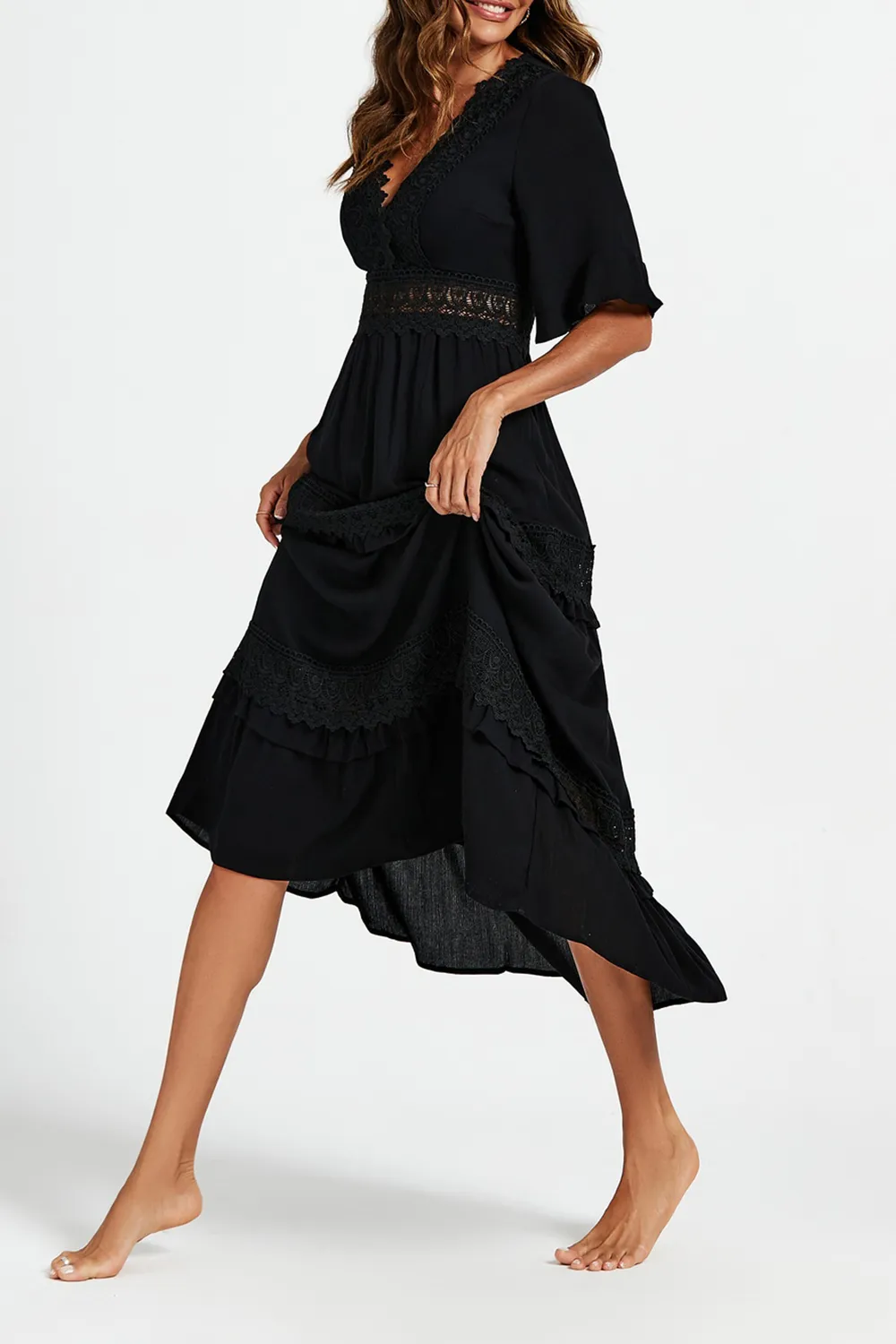 Black V-Neck Lace Ladies Elegant Dress