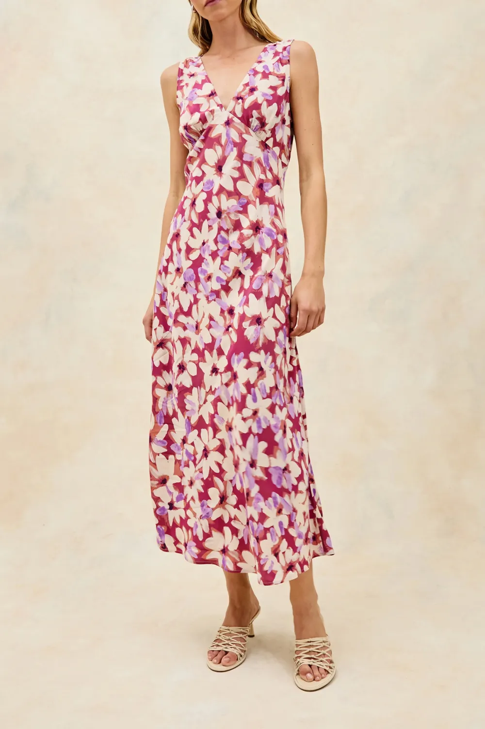 Purple-Red Floral Print Fitted Dress With A Waistline