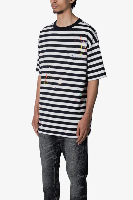 BLACK AND WHITE STRIPED PAINT SPLATTER T-SHIRT