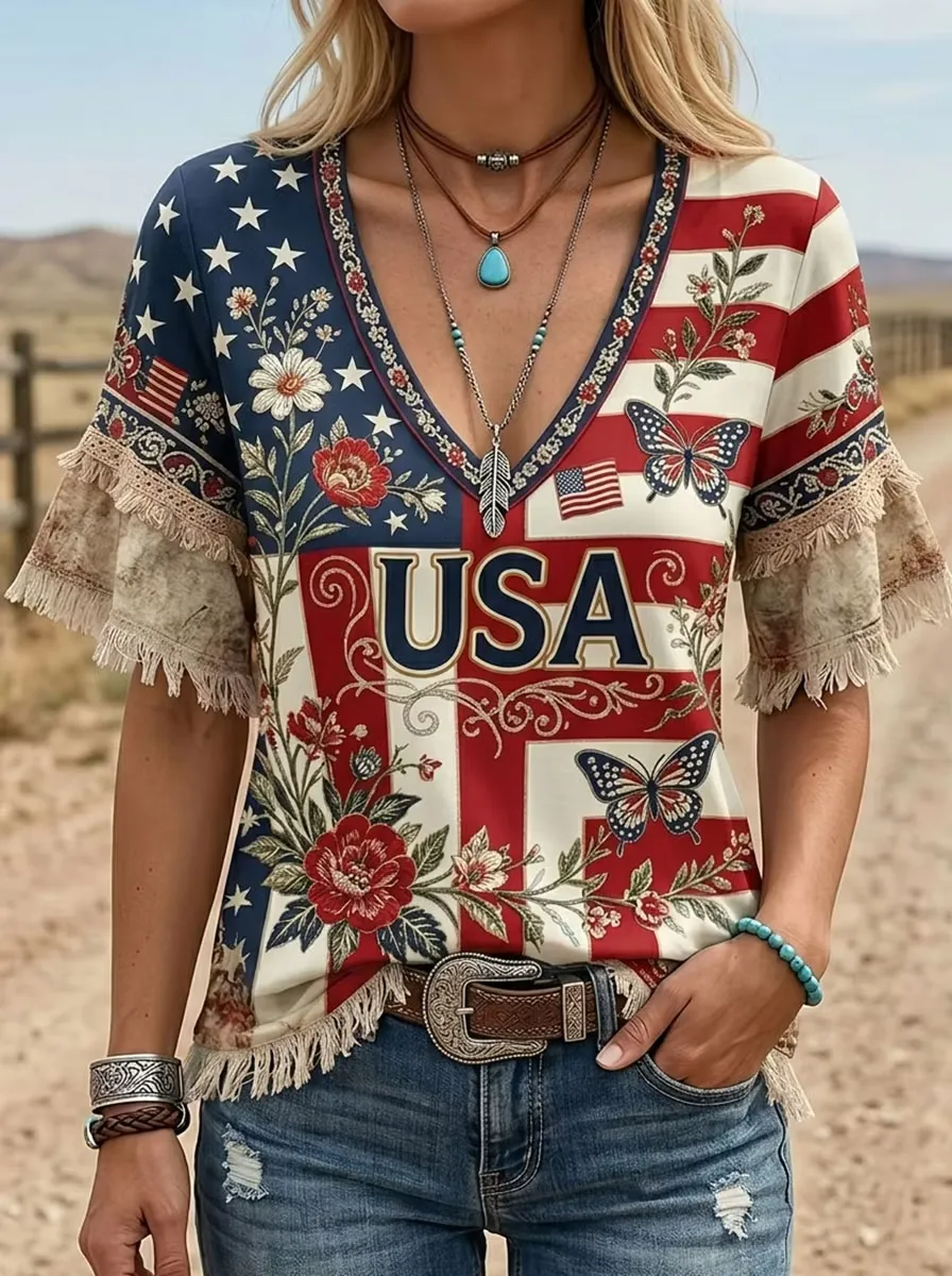 Vintage American Flag Art Print Patchwork Casual Shirt