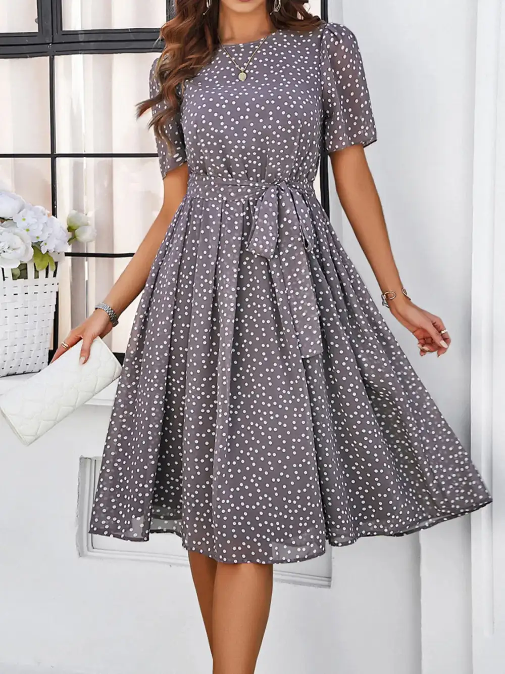 Printed Round Neck Short Sleeve Casual Dress