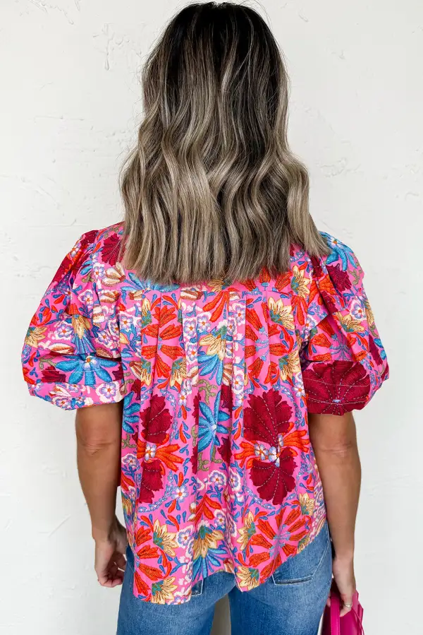 Floral Bubble Sleeve Button Front Blouse