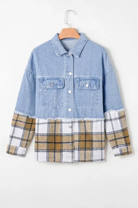 Plaid Patchwork Oversized Denim Jacket
