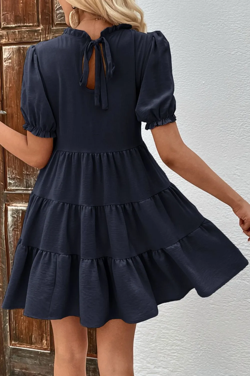 Textured Tie Detail Tiered Dress