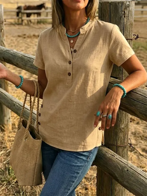 Women's Linen Blend Casual V-Neck Button Up Shirt