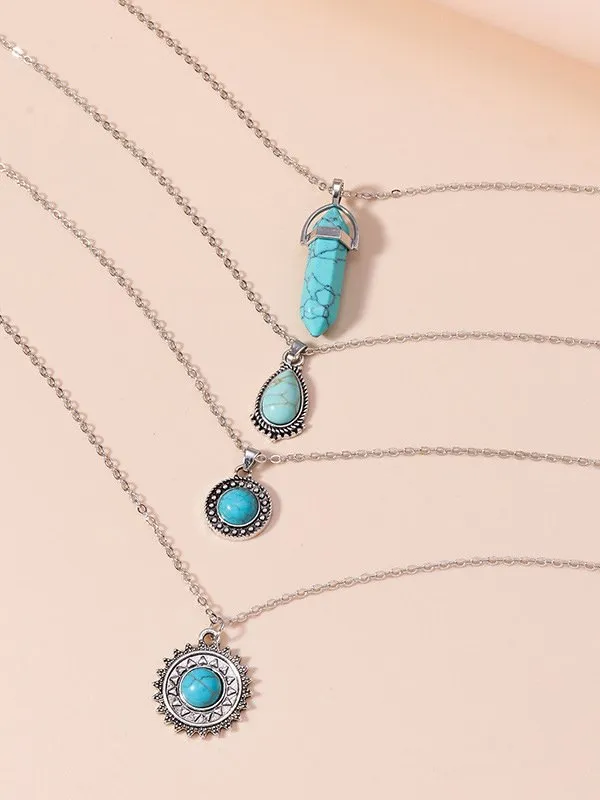 Vacation Turquoise Silver Metal Tiered Necklace Boho Women's Jewelry