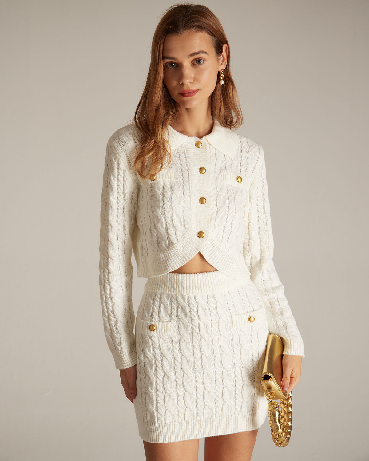 The White Lapel Ribbed Button Cable Cardigan